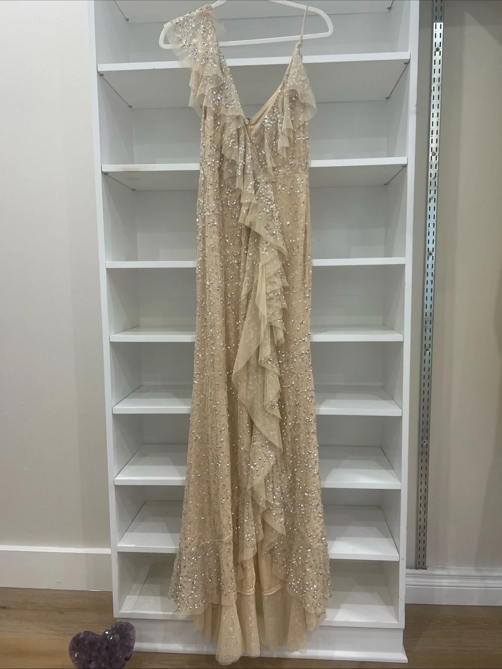 Mac Duggal Champagne Sequin Ruffle Slip